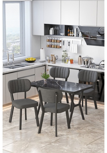 Parla 70x110cm Siyah Mermer Mutfak Masası, Mutfak Masası Takımı, Yemek Masası, 4 Antrasit Sandalye Antrasit