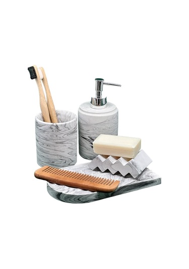 Betonmall 4 Parça Mermer Desenli Beton Banyo Seti Katı Ve Sıvı Sabunluk Diş Fırçalık Sunum Tepsisi Siyah Beyaz Siyah - Beyaz