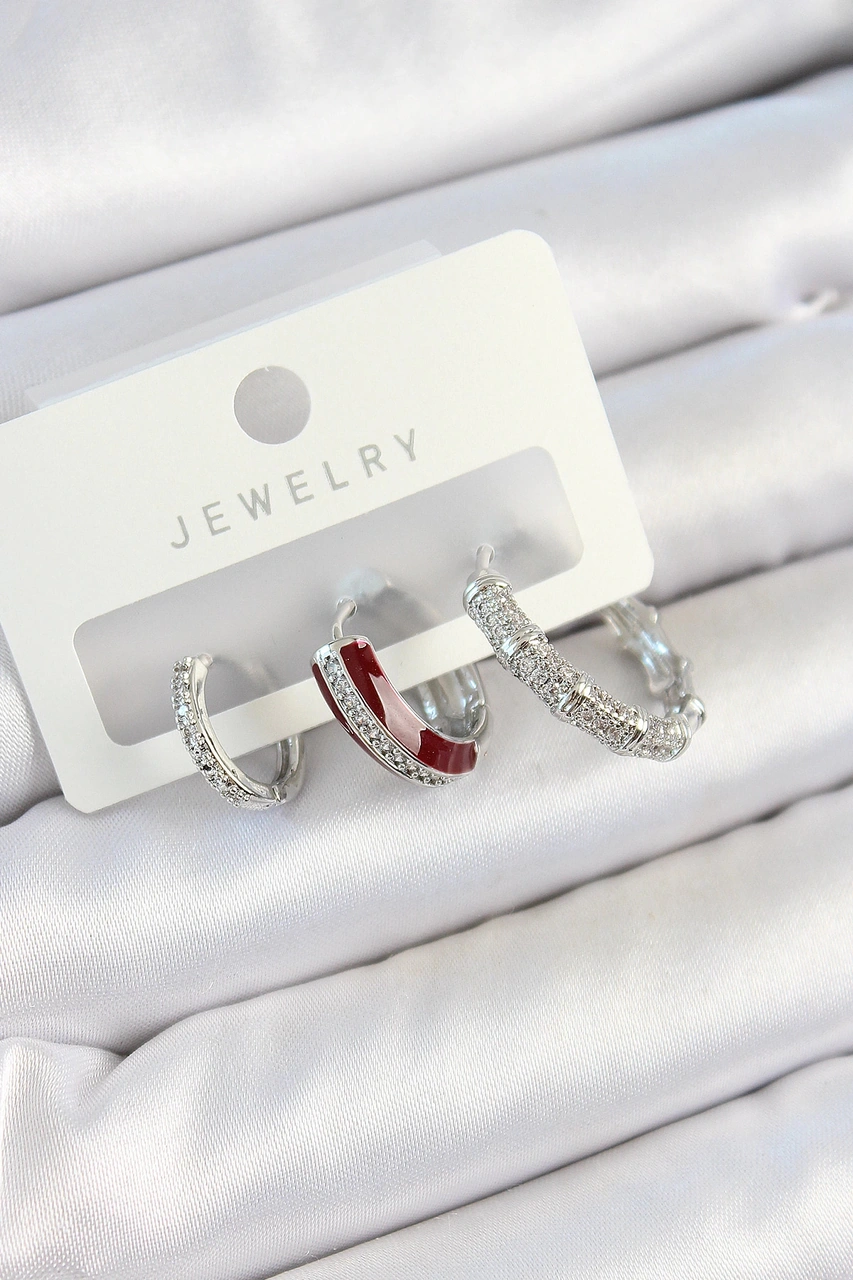 Dodes Dodes Pirinç Zirkon Taşlı Bordo Pembe Halka Model Gümüş Renk 3'lü Çift Kadın Küpe Set Tg27bkp1 Çok Renkli