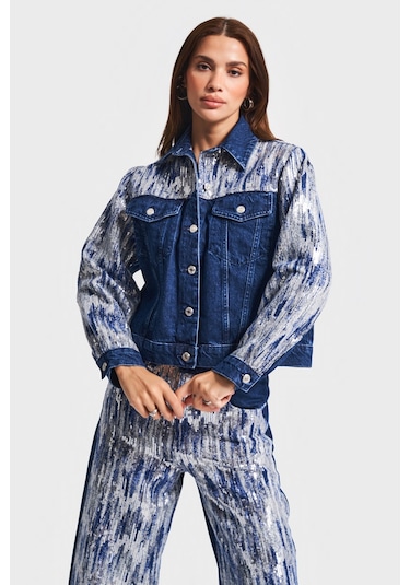 Kadın Mavi Renk 1w5-4 Oversize Pullu Özel Kumaş %100 Koton Tasarım Denim Ceket