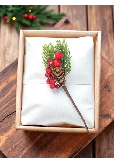 Kokina Yılbaşı Çiçeği, Yapay Çam Kozalaklı Kiraz Demeti, Yeniyıl Dekoratif Ev Süsü, 13 Cm - 12 Adet