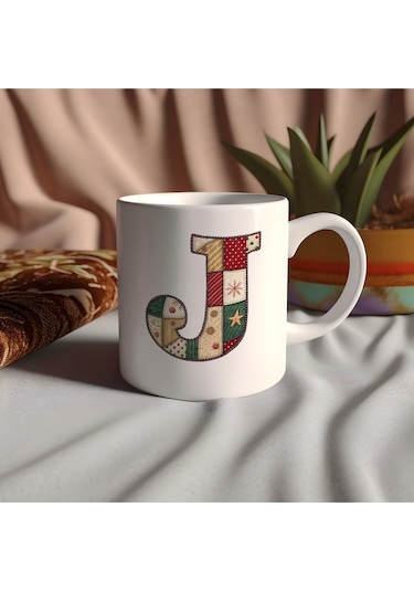 J Harfi Yılbaşı Temalı Kupa Bardak - Yeni Yıl Konsept Yamalı Efekt Tasarım - Noel Hediye Beyaz