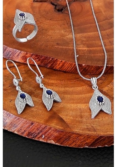 Safir Taşlı Oksitli Telkari Gümüş Kadın Takım Yüzük Küpe Kolye Uc