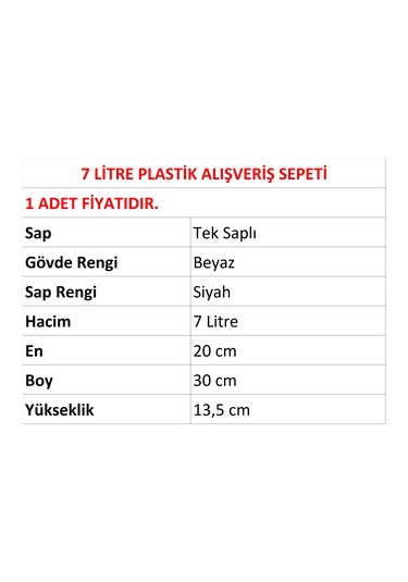 7 Litre Plastik Kozmetik Alışveriş El Sepeti Beyaz 1 Adet / En:20 Boy:30 Yükseklik:13,5 Cm Beyaz
