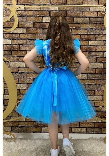 Maske Hediyeli Tül Detay Elsa Elbise Mavi