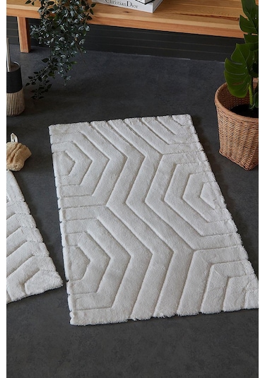 Hcw Plaid Ekru %100 Pamuk Viskon 2 Parça Banyo Paspas Seti 40 60+60 100 Cm Ekru