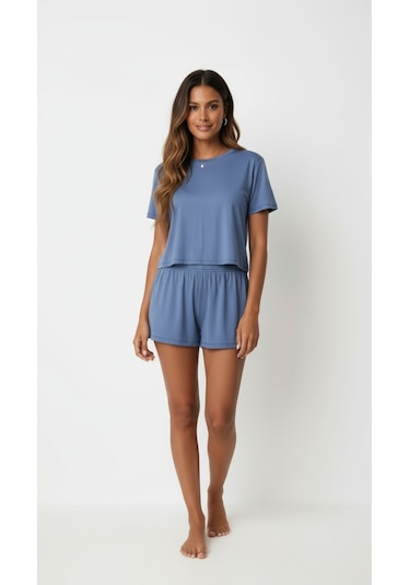 Merlot T-shirt Şort Örme Pijama Takımı Mavi