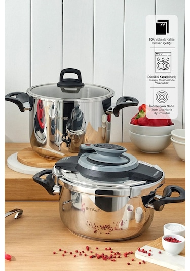 Emsan Montana 2'li 4+6 Litre İndüksiyon Tabanlı Düdüklü Tencere Seti Siyah Gri Gri - Siyah