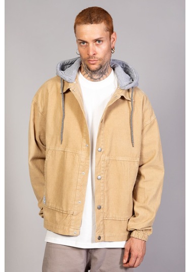 Erkek Bej Çıkarılabilir Kapüşonlu Oversize Pamuklu Kadife Ceket Bej