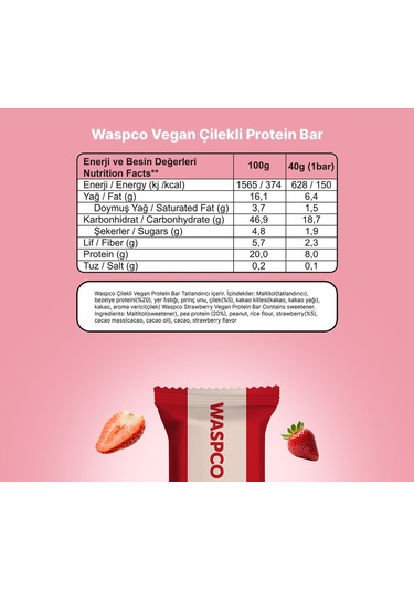 Waspco Çilekli Vegan Protein Bar 40G x 1 Adet