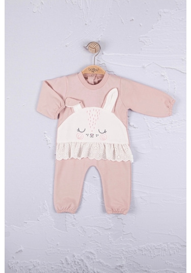 Tavşan Nakışlı Güpürlü % 100 Pamuk Kız Bebek Tulum Gülkurusu