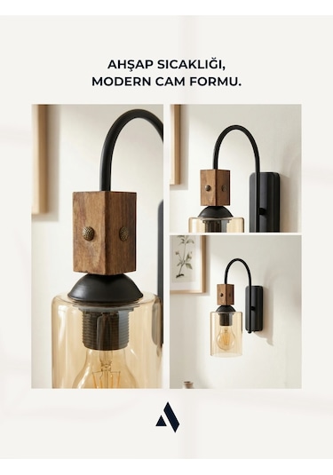 Altira Ahşap Süslemeli Duvar Apliği Rustik Modern Stil, Opal Ve Bal Camlı Bal