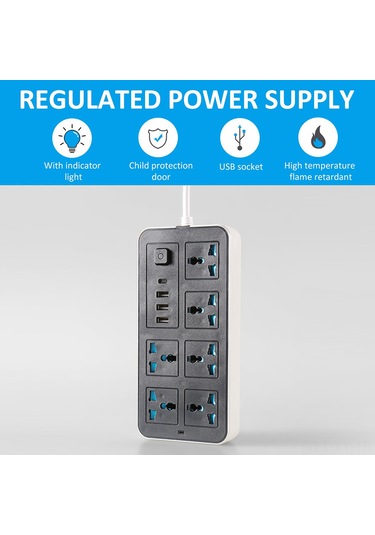 Shineyee Eu Standart 220-240v 6 Prizi + 3 Usb + 1 Type-c, Bağımsız Anahtar, 2m Kablolu, Siyah Beyaz Renkli Çok Fonksiyonlu Soket