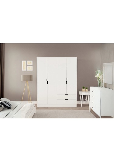 Moderno Xl 4 Kapaklı 2 Çekmeceli Gardırop Geniş Aileler İçin Şık Çözüm Beyaz