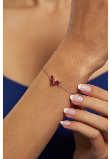 Roza Silver Yakut Taşlı Rodyum Kalp Minimal Gümüş Bileklik