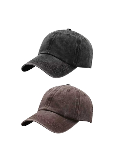 Tezzgelsin Unisex Eskitme Vintage Pamuklu Ayarlanabilir Beyzbol Kep Şapka 2'li Set Siyah - Kahverengi