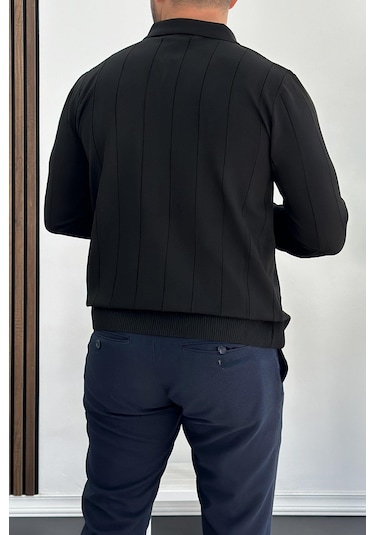 Erkek Yarım Fermuarlı Polo Yaka Mevsimlik Kazak Siyah Edw195 Siyah