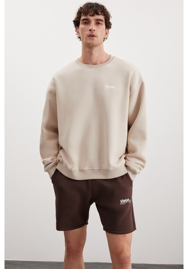 GRIMELANGE Ernest Erkek Organik Pamuklu Yumuşacık Baskı Detaylı Bisiklet Yaka İçi Polarlı Vizon Sweat Vizon