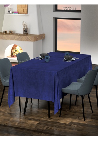 Kadife Dokulu Safir Renk Masa Örtüsü Safir