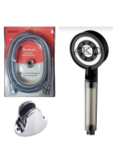 Özbest 200 Cm Spiral Duş Hortumu Filtreli Duş Başlık Mafsal Seti Siyah - Krom