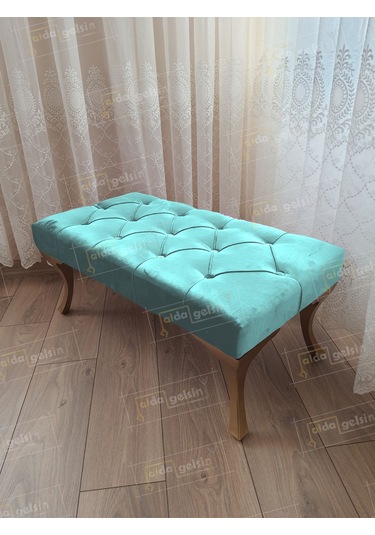Kapitoneli Ayak Ucu Kapı Önü Antre Bench Puf Gold Ayak 120 45 Turkuaz