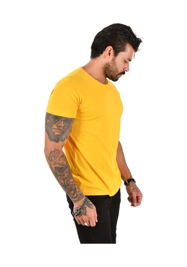 Deepsea Erkek Hardal Sarısı Sıfır Yaka Dar Kesim Likralı Düz Basic Tişört 1801131 False Hardal Sarısı