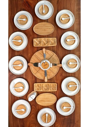 Atbyhome 12 Kişilik 63 Parça Seramik - Bambu Kahvaltı Takımı - Lüx Kahvaltılık Sunum Seti Kahverengi