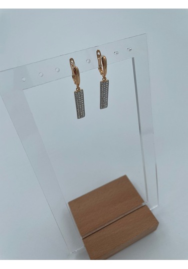 Uzun Dikdörtgen Taşlı Rose Gold Sallanan Küpe