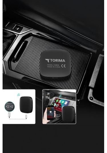 Torima TAB09 Mini Kablosuz Carplay 2 GB +32 GB USB Ve Type-C Uyumlu Araç Multimedya Dönüştürücü Adaptörü Siyah