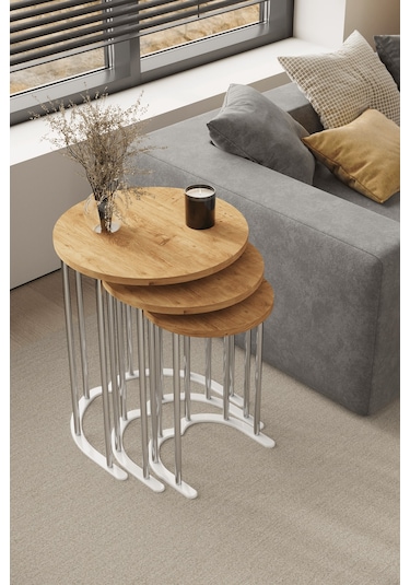 3' Lü Zigon Sehpa Gümüş Ayak Atlantik Çam 18 Mm Mdf Gümüş - Atlantik Çam