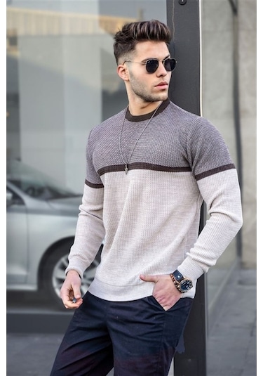 Madmext Bej Renk Bloklu Erkek Kazak 4734 Bej