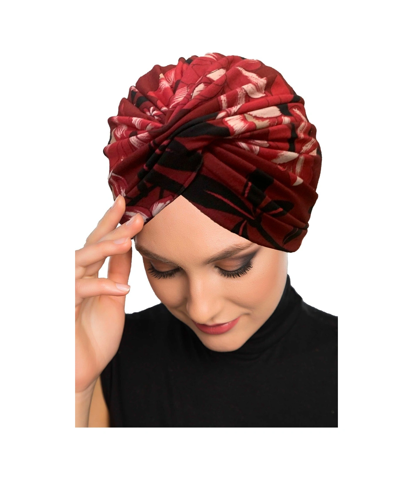 Fidan Desenli Çapraz Penye Bordo Yaprak Motifli Hazır Türban Tesettür Havuz Bonesi Bordo-yaprak