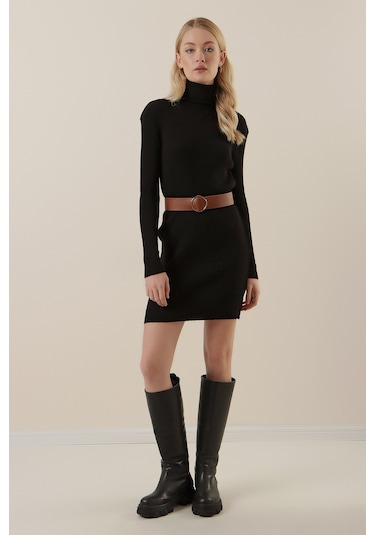 15797 Balıkçı Yaka Triko Elbise - Siyah 001