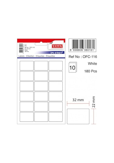 Tanex Beyaz Ofis Etiketi 22Mmx32Mm 10.Yaprak 180 Etiket