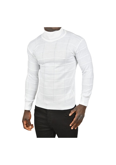 Deepsea Erkek Beyaz Kare Desenli Balıkçı Yaka Slim Fit Boğazlı Triko Kazak 2505493 Beyaz