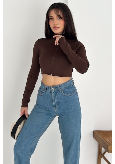 Kadın Fermuarlı Crop Ceket Dinamik & Modern Stil Kahverengi