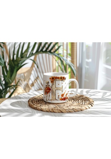 F Harfi Pembe Kareli Kalpli Göz Emojili Kupa Bardak Eğlenceli Kareli Tasarım Kahve Çay Kupası Beyaz