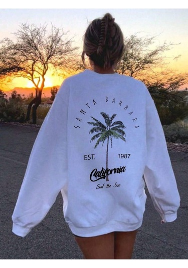 Santa Barbara Kışlık Kalın Sweatshirt - Beyaz Baskılı Oversize Kalın Kışlık Bisiklet Yaka Beyaz