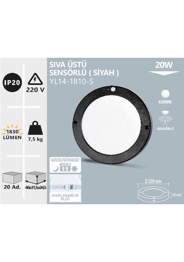 20w Sıva Üstü Siyah Sensörlü Led Panel Yl14-1810-s Siyah