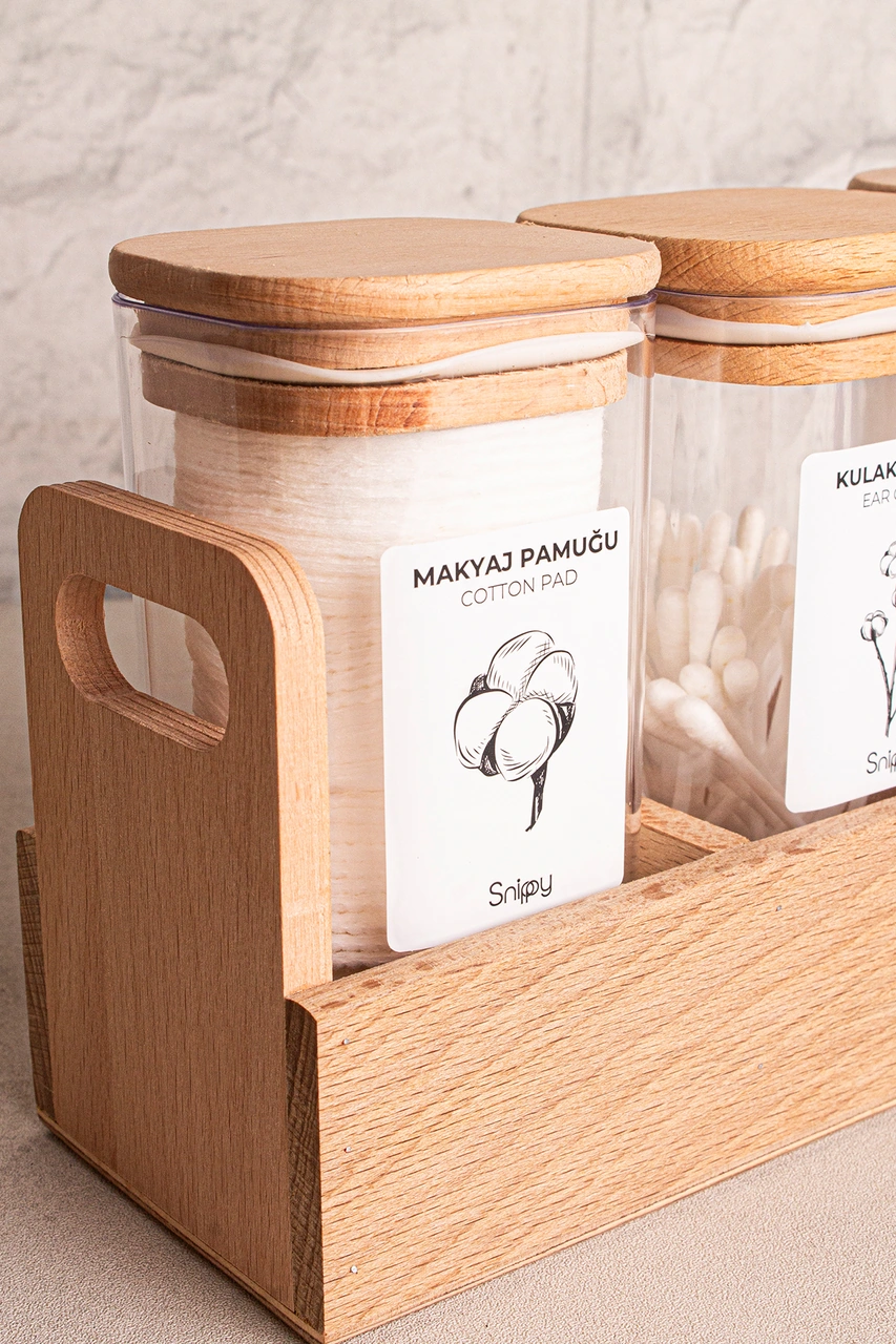 Tubbly - 3'lü Standlı Kare Ahşap Vakum Kapaklı Banyo Düzenleyici Plastik Banyo Seti Etiketli Ahşap