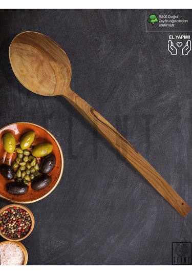 Zeytin Ağacı El Yapımı Tahta Ahşap Kaşık Mutfak Yemek Kaşığı 32cm