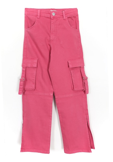 Kargo Cepli Yırtmaçlı Bol Paça Kız Çocuk Denim Kot Pantolon 1963 Pembe
