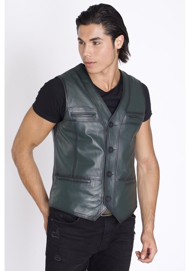 Spor Yeşil Deri Yelek-Yeşil