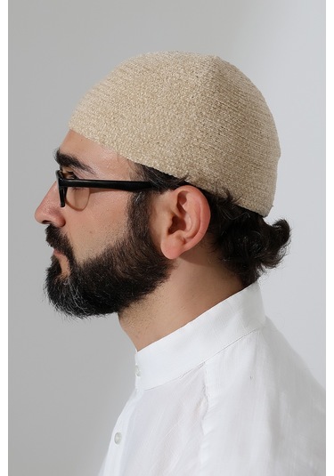Kışlık Kadife Takke Düz Desen - Krem Krem