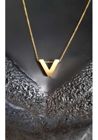 Vog Kişiye Özel Üç Boyutlu Çelik V Harf Sarı Renkdeniz Ve Havuz Suyuna Dayanıklı Paslanmaz Kolye Sarı