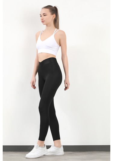 Giysa Kadın Bel Çapraz Lastikli Slim Fit Tayt Siyah - 4019 Siyah