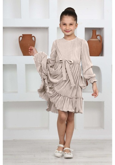 Kız Çocuk Örme Saten Çanta Detaylı Pliseli Astarlı Elbise Bej