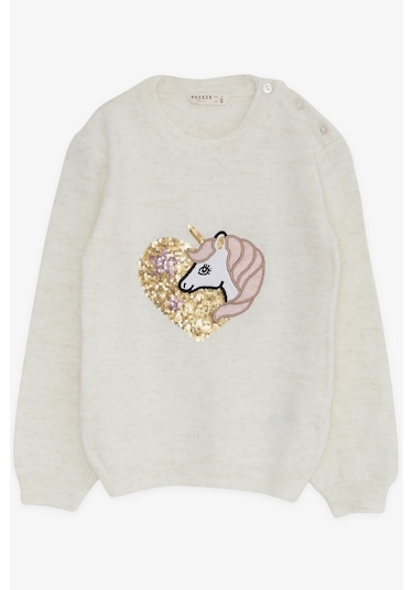 Breeze Kız Çocuk Triko Kazak Pullu Unicorn Baskılı 1.5-5 Yaş, Ekru