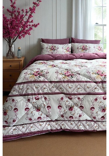 Alla Turca Çift Kişilik 4 Yastık Kılıflı Lastikli Çarşaflı Çift Taraflı Desenli Uyku Seti-kanaviçe Gül Kurusu Gülkurusu