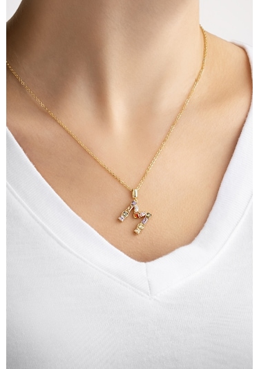 Mini M Harfi Günışığı Renkli 18 Ayar Sarı Altın Kaplama Gümüş Kolye